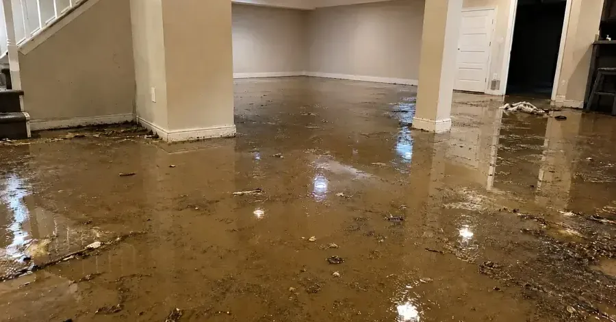 Standing water across a finished floor at the foot of a staircase before extraction