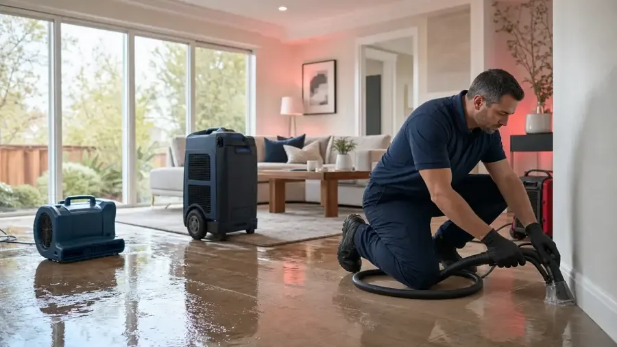 Restoration tech extracting water beside an air mover and dehumidifier in a Princeton living room