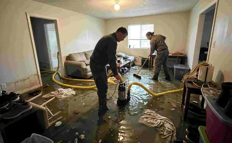 Crew removing storm flood water from a home built at grade