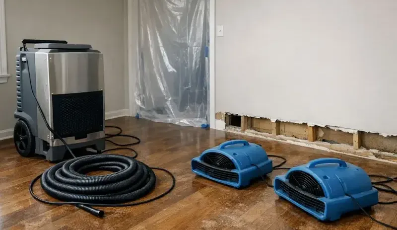 Dehumidifier and air movers drying walls cut open at the base after a water loss