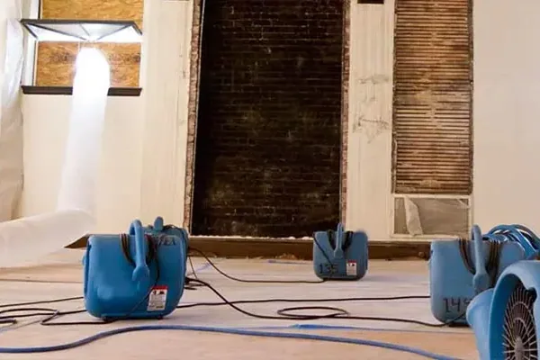 A home being dried out after slab leak water damage