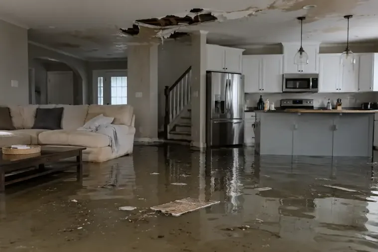 Floodwater standing across a living room and kitchen floor with the ceiling torn open above