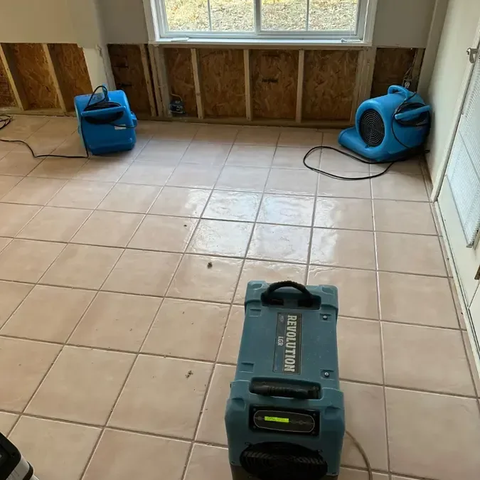 Air movers and a dehumidifier drying a room with the lower wall opened